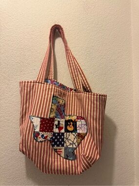 Handmade Red-Striped Cotton Tote Bag with Patchwork Texas Applique